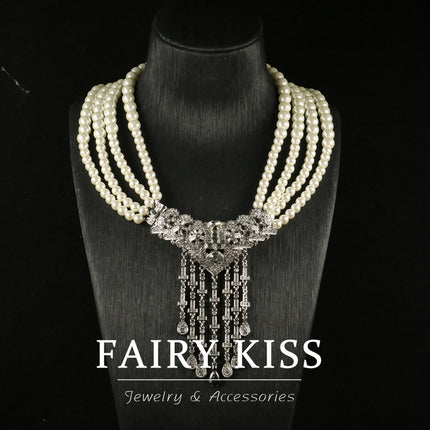 Middle Ancient New Style Heavy Industry Pearl Necklace Inlaid with Zircon Love Shining Tassel Pendant Exquisite 925 Earrings Women's Set