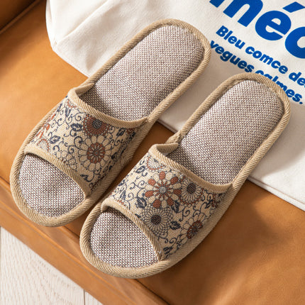 Open Toe Opening Four Seasons Linen Wheel Retro Flower Flower Four Seasons Linen Slippers