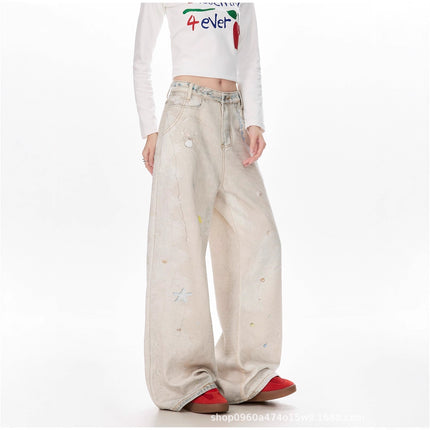 Pearl Lace Cold Transfer Printed Jeans for Women Niche Design Dirty Dyed Wide Leg Pants Sexy Slimming Look Casual Pants
