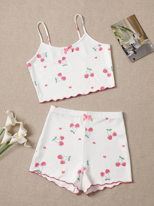 2025 Cherry Heart Print Camisole and Shorts Women's Pajama Two-Piece Set Home Wear Set with 3D Print