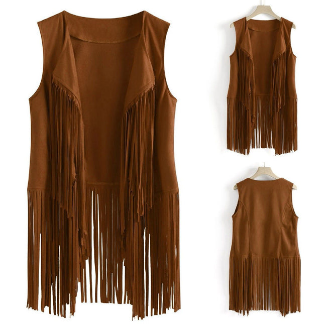 2025 Women's European and American Style New Suede Tassel Vest Jacket Popular Sleeveless Mid-Length Vest Outer Wear