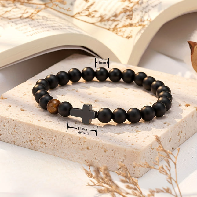 Amazon New Frosted Black Beaded Bracelet Tiger Eye Small Cross Pendant Bracelet Obsidian Cross Bracelet