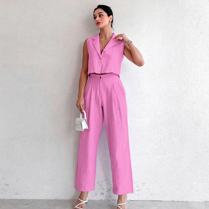 2026 Summer Fashion Business Suit European and American Style Khaki Cotton Linen Sleeveless Blazer Vest and Long Pants Two-Piece Women's Set