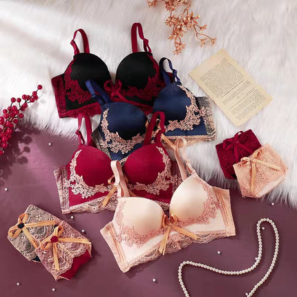 Red Embroidered Lace Sexy Wireless Bra Set for Women, Comfortable Push-Up and Side Support Bra Set