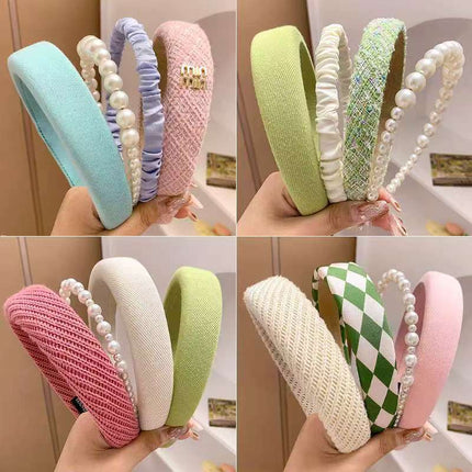 Mesh Pearl Flower Blue Face Wash Hair Hoop Female High Cranial Top Internet Red 2022 New Hair Clamp Pressure Hair Hoop