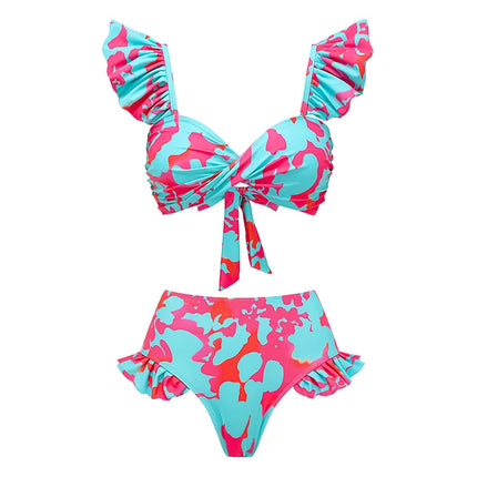 2024 European and American bikini New Ruffle Printed High Waist Split Swimsuit Holiday suit Women's Cross-border Explosions