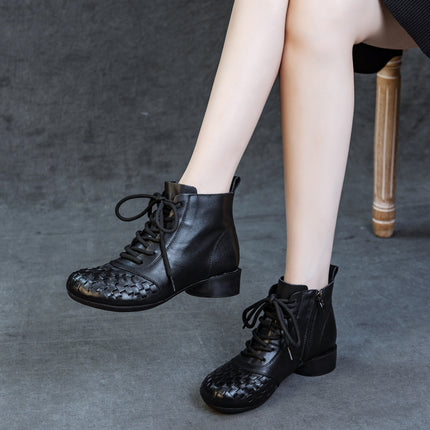 Genuine Leather Boots 2025 Autumn and Winter New Thick Heel Soft Sole Top Layer Soft Cowhide Women's Boots Retro Polished Woven Single Boots