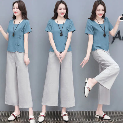 2022 Imitation Cotton and Linen Set Women's New Summer Artistic Retro Casual Fashion Western Style Linen Wide Leg Pants Set Trendy