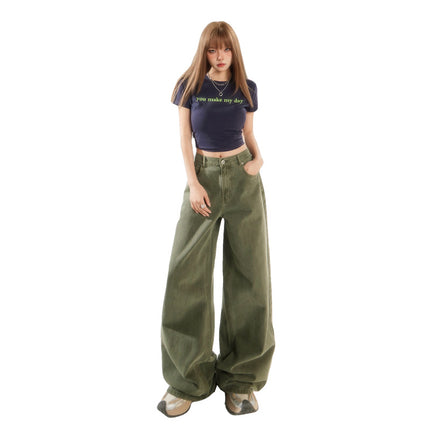 Army Green High Waist Wide Leg Jeans Women's Spring and Summer 2025 New Straight Tube Loose Slimming Casual Pants
