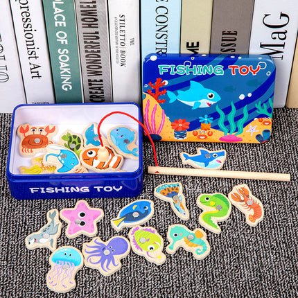 Magnetic Wooden Barrel Marine Fishing Toy Children's Early Education Educational Cognitive Fun Boys and Girls Parent-Child Games