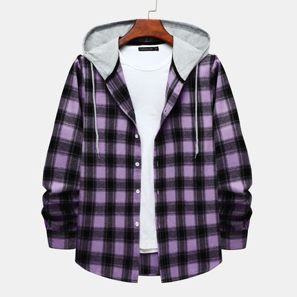Cross-border Hooded Plaid Shirt Men's 2024 Foreign Trade Autumn Harajuku Style Plaid Hooded Shirt Men's Hong Kong Style Casual Shirt