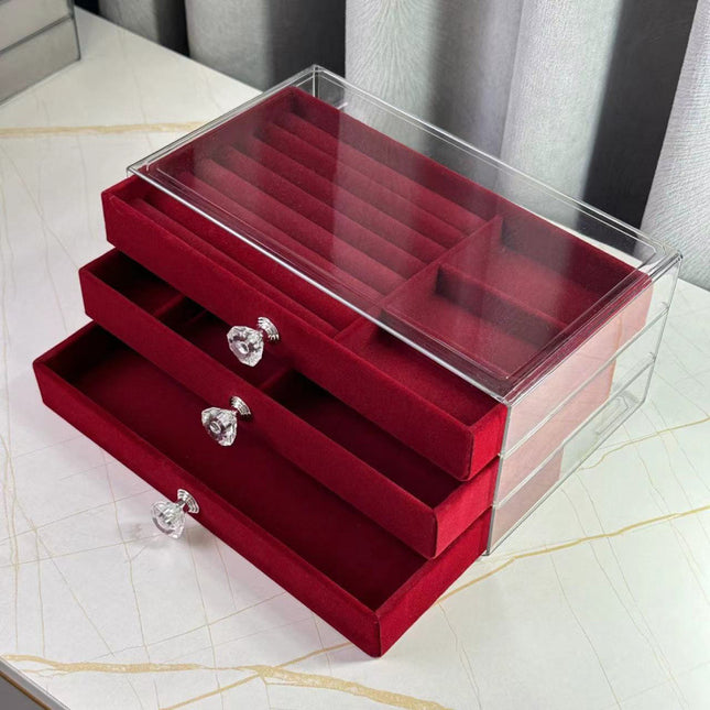 Burgundy Velvet Jewelry Storage Box Earrings Storage Box Jewelry Dust-Proof Drawer-Type Jewelry Box Dressing Table Storage