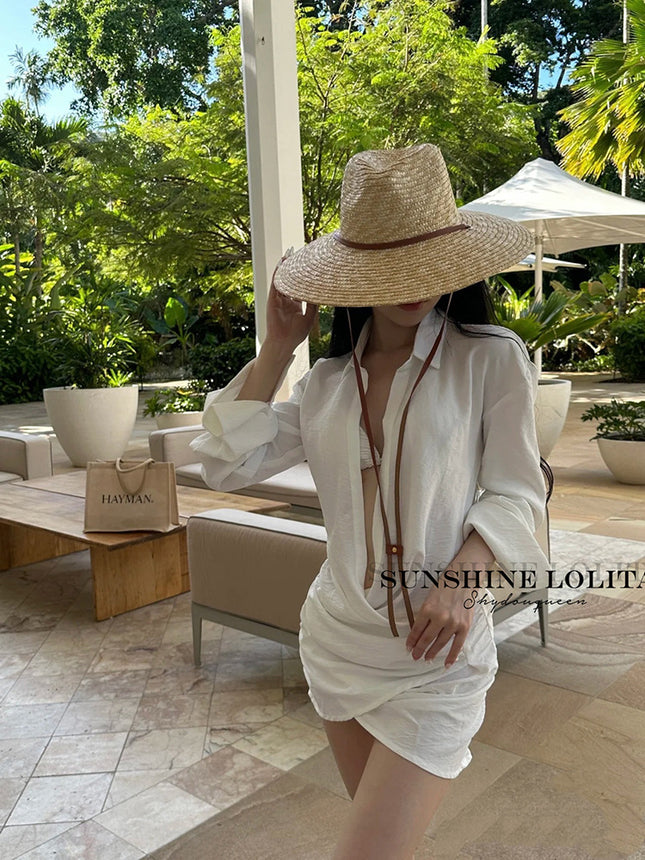 Ins Seaside Beach Vacation Bikini Shirt Dress Swimsuit Women's Three-Piece Set to Cover Belly Internet Celebrity Small Breasts Popular Summer