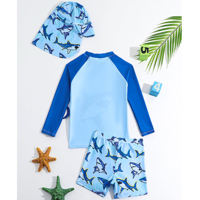 Foreign Trade Europe and America Summer Boys Swimwear Trousers Set Split Long Sleeve Swimsuit 3 Piece Set