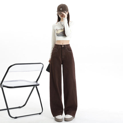 Brown High-Waisted Wide-Leg Jeans for Women, Autumn New Loose Slimming Design with Drapey Straight-Leg Floor-Length Pants