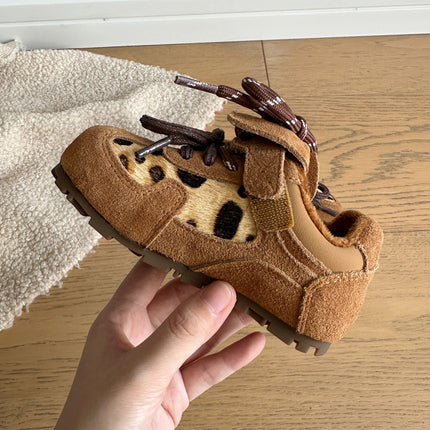 Baby Two Cotton Shoes Winter New Boys' fleece-lined Sneakers Girls' Leopard Print German Training Shoes Children 1-6 Years Old sneaker