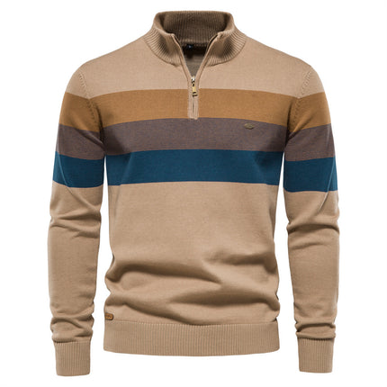 Fashionable Cross-Border Autumn and Winter Men's Half-Zip Sweater, Striped Patchwork Knitwear in Khaki Green