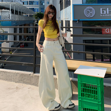 American Style Retro Jeans Women's Design Stitching khaki Loose Lazy Wide Leg Straight Pants