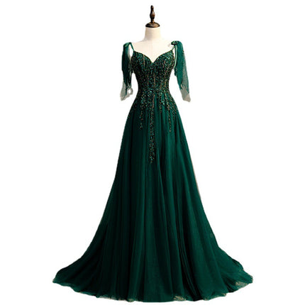 European and American Evening Dress Women's 2025 New Performance Clothing Banquet Accessible Luxury Niche Host Long Skirt Dark Green Evening Dress