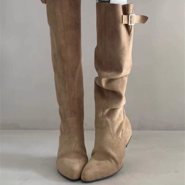 Petite Women's Pointed-Toe Platform Boots That Increase Height by 5cm, Over-The-Knee Thick High-Heeled Long Boots, Pleated Slim Boots, Denim Boots