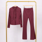 Dark red hooded jacket and bell-bottom pants suit / 2/S