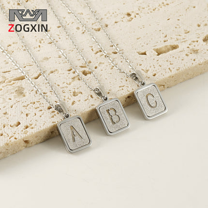 Cross-border European and American Stainless Steel Sand Pressing Letter Pendant Women's Color-free Square Titanium Steel Hollow English Letter Necklace Women