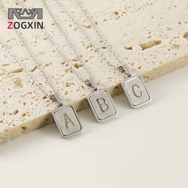 Cross-border European and American Stainless Steel Sand Pressing Letter Pendant Women's Color-free Square Titanium Steel Hollow English Letter Necklace Women
