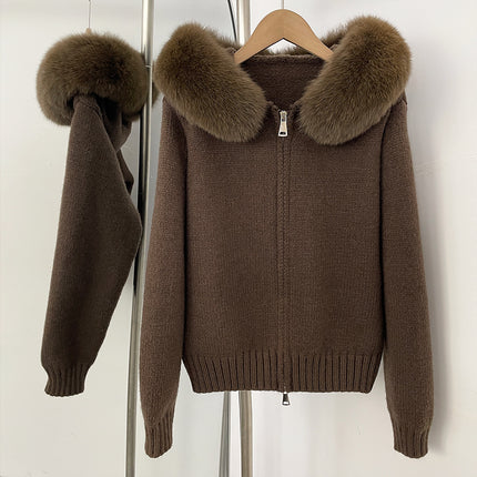 Spring 2025 Women's Gray Hooded Knit Cardigan Korean Style Loose Top
