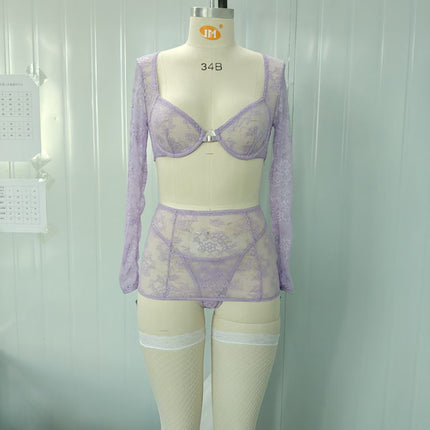 European and American cross-border new products International station popular black lace perspective long sleeve backless thong sexy sexy suit