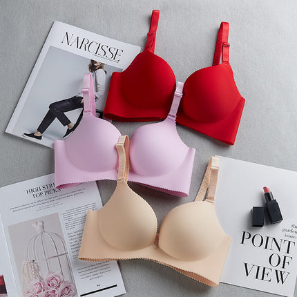 One-piece seamless non-steel ring smooth solid color bra summer thin thick gathered bra underwear women's factory direct sales