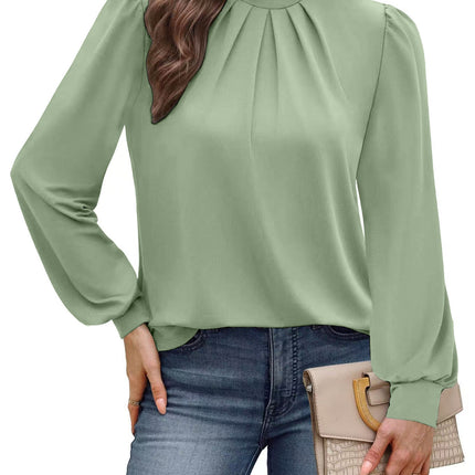 European and American Amazon Cross-Border Autumn and Winter New Long-Sleeved Shirt Small Stand-Up Collar Pleated Front Shirt Casual T-Shirt Top for Women