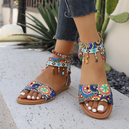 Roman Women's Sandals New Beaded Back Zipper Bohemian Flat Sandals