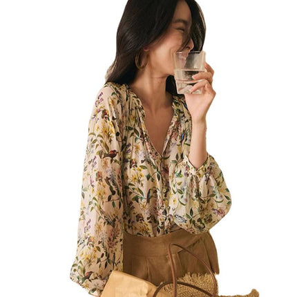 Small Floral Chiffon Shirt for Women, Designer Spring Season Top, Small French Sweet Style Shirt, Long Sleeves for Women