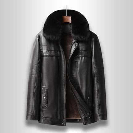 Cross-border plus size detachable liner men's leather jacket business casual dad's leather jacket fleece-lined thickened leather jacket
