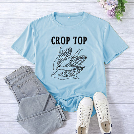 Cross-border Foreign Trade Amazon Crop Top Printed Short-sleeved Women's Summer Casual Loose Round Neck Casual All-match