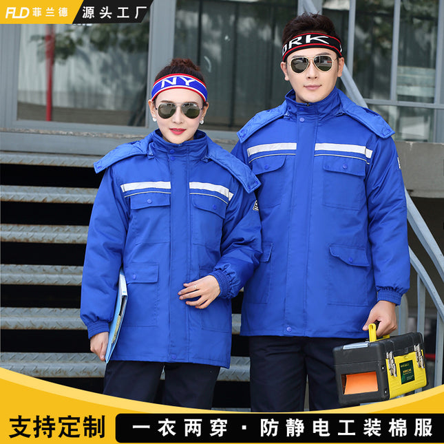 Anti-Static Work Cotton Jacket for Men, Detachable, Cold-Proof and Warm, with Reflective Strips, Power Industry Protective Clothing, Removable Liner