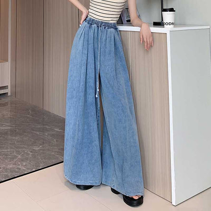 Real shot 2025 spring new loose plus size jeans women's wide leg slim mop pants women's simple trouser skirt