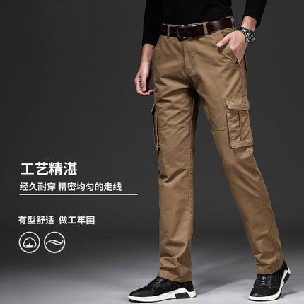Pure Cotton Multi-Pocket Work Pants for Men, Loose Straight-Leg Casual Pants, Durable Outdoor Large Size Long Pants for Men