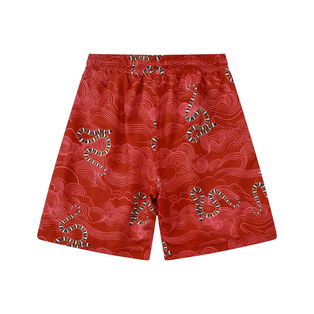 Cross-border Trade Trendy Brand Retro Year of the Snake Xiangyun Loose Beach Shorts Full Print Couple High Street Casual Pants Two-piece Set