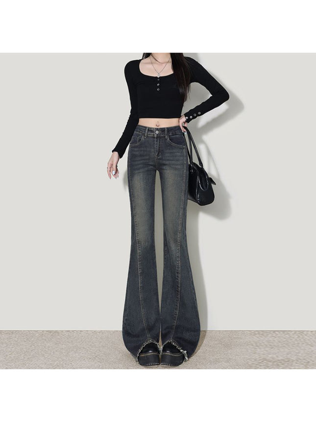 Micro-Flared Jeans for Women 2025 New Autum High-Waisted Slimming Look Horseshoe Pants Raw Edge Pants
