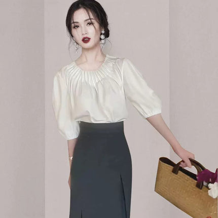 Cross-border 2024 summer new organ pleated neckline bubble sleeve top high waist pleated skirt two-piece suit