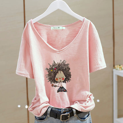 V-neck ultra-thin front shoulder slub cotton letter printing summer 2024 new Korean loose top short sleeve women's T-shirt fashion