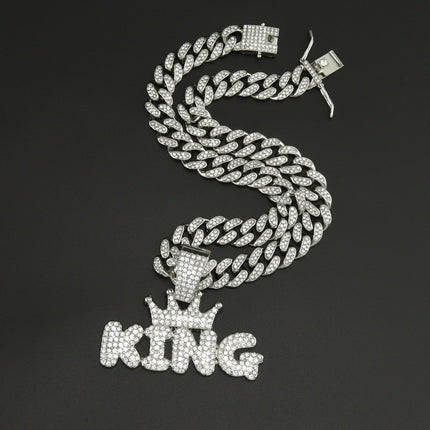 European and American INS TikTok Hip-Hop Alloy Necklace with Diamond Exaggerated Big Button Pendant Crown KING Letter Fashion Accessories