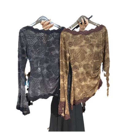 Niche Design Lace Lace Shirt for Women Autum New French Style One-Shoulder Thin Printed Mesh Top