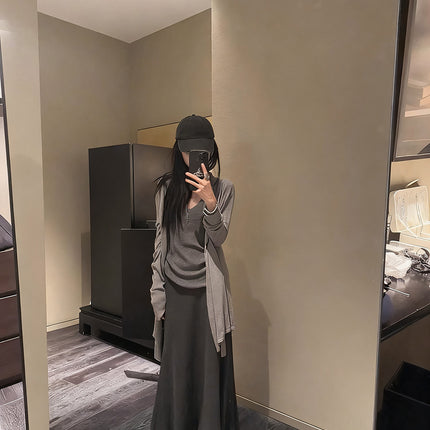 Gray Fishtail Skirt for Women, Autumn and Winter Long Skirt, Versatile Elegant, A-Line Hip-Covering Slimming Look Knitted Skirt, Mid-Length Skirt
