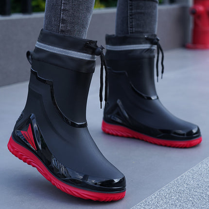 Men's Rain Boots with Cuffs, New Waterproof Shoes, Outdoor Drawstring Boots, Kitchen Non-Slip Work Rubber Shoes, Fleece-Lined Warm Rain Boots