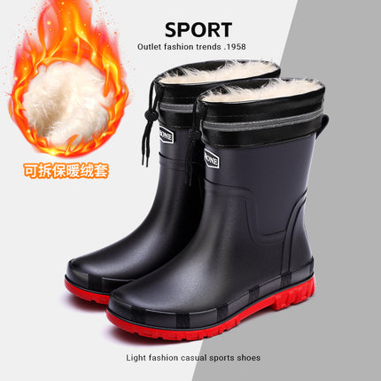 Winter Warm Men's Rubber Shoes British Waterproof Drawstring Rain Shoes Mid-barrel Outdoor Fashion Belted Rubber Shoes Non-slip Fishing Shoes