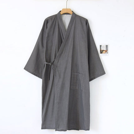Men's Nightgown, Spring and Autumn Yarn-Dyed Gauze Pajamas, Summer Japanese-Style Kimono, Home Bathing, Steam Therapy, Cotton Bathrobe