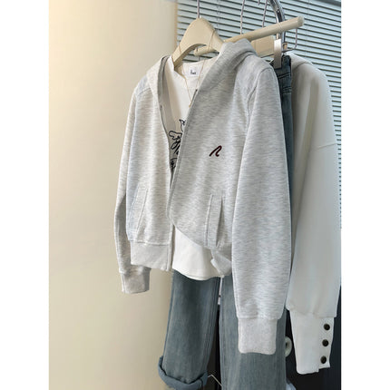 Autumn and Winter New High Waist Embroidered Short Top Double Head Zipper Casual Hooded Sweater Cardigan Small Women's Coat