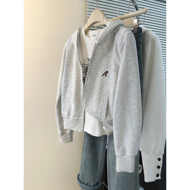 Autumn and Winter New High Waist Embroidered Short Top Double Head Zipper Casual Hooded Sweater Cardigan Small Women's Coat